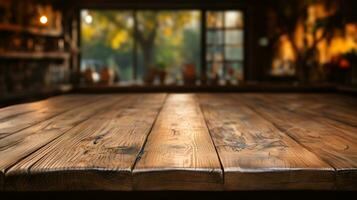 naturale quercia di legno tavolo modello - davanti Visualizza di vuoto vuoto legna tavolo, ideale per Prodotto posizionamento con un' sfocato sfondo. foto