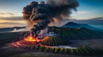 vulcano eruzione con massiccio alto scoppia di lava e caldo nuvole Soaring alto in il cielo, piroclastico flusso foto