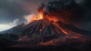 vulcano eruzione con massiccio alto scoppia di lava e caldo nuvole Soaring alto in il cielo, piroclastico flusso foto