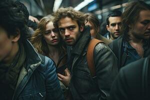 un' gruppo di giovane persone in piedi nel il metropolitana e guardare a il telecamera. un' mozzafiato Immagine cattura un' gruppo di persone nel un' caotico metropolitana stazione, in attesa per il treno per partire, ai generato foto