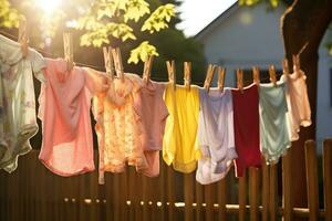 Abiti essiccazione su un' clothesline su un' soleggiato estate giorno. figli di colorato capi di abbigliamento essiccazione, ai generato foto