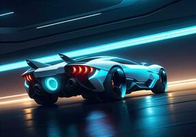 futuristico nero gli sport auto nel neon luce. ai generativo foto