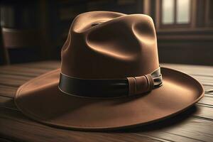 cowboy cappello su un' di legno tavolo. ai generativo foto