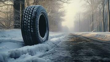 inverno pneumatici su nevoso strada. largo auto pneumatico bandiera per attività commerciale, creato con generativo al tecnologia foto