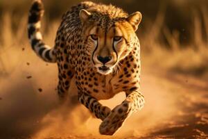 ghepardo in esecuzione nel polvere nel kruger parco, Sud Africa, specie acinonyx jubatus famiglia di felidi, un' ghepardo in esecuzione avvicinamento, ai generato foto