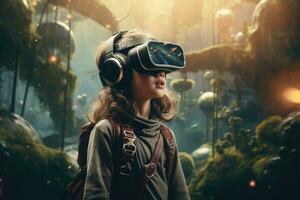 bellissimo ragazza nel virtuale la realtà casco. futuro tecnologia concetto. 3d rendering, un' ragazza nel un' virtuale la realtà casco nel un' virtuale fantasia mondo, ai generato foto