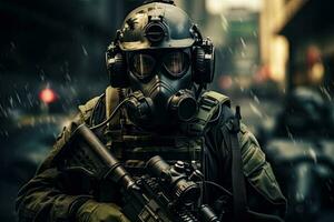 ritratto di un' speciale forze soldato nel un' gas maschera e con un' pistola nel il piovere, un' moderno elite soldato completamente orientato su con speciale attrezzatura, viso coperto con un' gas maschera, ai generato foto