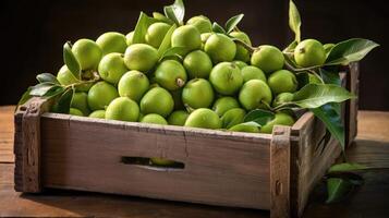 ai generato fresco biologico frutta raccolto a partire dal il piantagione e posto nel un' rustico scatola. foto