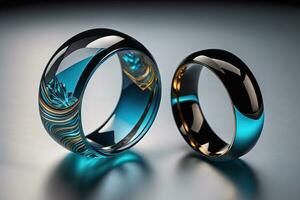 colorato bicchiere anelli su un' nero sfondo. ai generativo foto