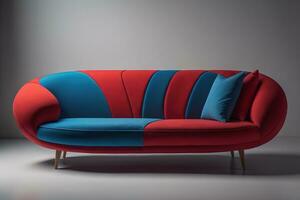 rosso divano con blu cuscini su grigio sfondo. generativo ai foto