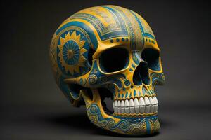 cranio con blu e oro modello su nero sfondo. generativo ai foto