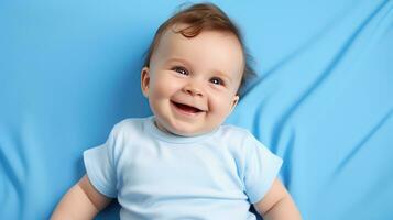 contento sorridente bambino bugie su il letto creato con generativo al tecnologia. foto