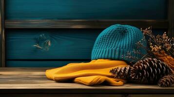 arancia e blu a strisce a maglia cappelli e sciarpa per il freddo le stagioni. acero le foglie e caldo Abiti. creato con generativo al tecnologia foto