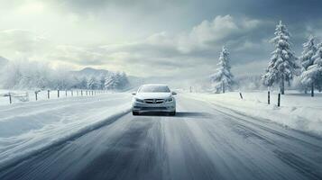 il auto è guida foresta durante un' forte tempesta di neve. creato con generativo al tecnologia foto