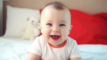 contento sorridente bambino bugie su il letto creato con generativo al tecnologia. foto