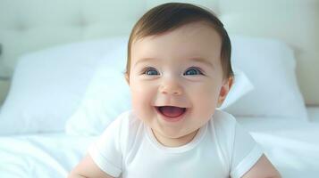 contento sorridente bambino bugie su il letto creato con generativo al tecnologia. foto