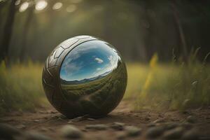 riflessione di un' calcio palla nel un' bicchiere palla nel un' campo. generativo ai foto