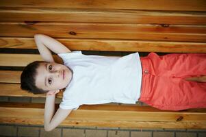 Visualizza a partire dal sopra di un adorabile scuola bambino, bello caucasico poco ragazzo ragazzo dire bugie su un' di legno panchina nel il città parco foto