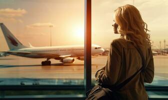 un' donna è seduta di un' finestra prospiciente un aeroporto foto