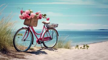 bicicletta con un' cestino si siede su superiore di sabbia vicino il oceano foto