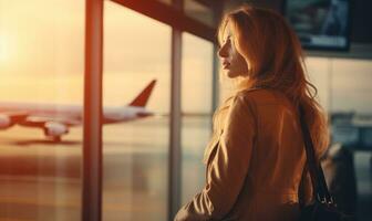 un' donna è seduta di un' finestra prospiciente un aeroporto foto