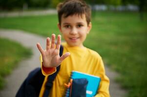 messa a fuoco su il di scolaro mano Esprimere a gesti fermare. su di messa a fuoco adorabile scolaro mostrando fermare con il suo mano, in piedi con zaino e scuola forniture nel il città parco foto