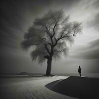 silhouette di un' donna in piedi sotto un' albero nel il deserto. generativo ai foto