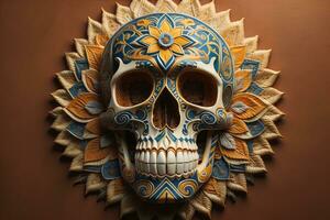 messicano zucchero cranio su un' Marrone sfondo. giorno di il morto. generativo ai foto