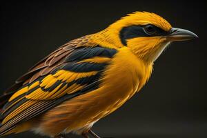 avvicinamento tiro di un' bellissimo giallo e nero uccello su un' buio sfondo. generativo ai foto