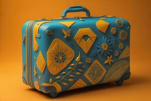 blu viaggio valigia su arancia sfondo. generativo ai foto