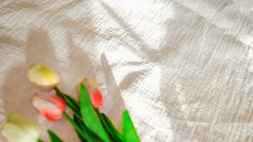 tulipano con tessuto fondale bianca biancheria tela spiegazzato naturale cotone tessuto naturale fatto a mano biancheria superiore Visualizza sfondo biologico eco tessile bianca tessuto struttura foto