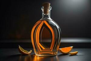 bottiglia di arancia Brandy con un' sughero su un' nero sfondo. generativo ai foto