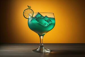 cocktail con ghiaccio cubi nel un' bicchiere su un' di legno tavolo. generativo ai foto