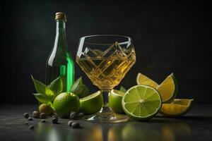 cocktail con lime, menta e ghiaccio su un' nero sfondo. generativo ai foto