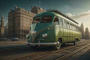 verde retrò autobus su il sfondo di il grande Ben nel Londra. generativo ai foto