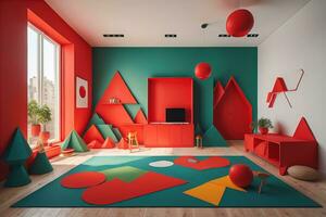 interno di figli di camera con rosso e verde muri, di legno pavimento, rosso tavolo, rosso sedie e rosso tappeto. generativo ai foto