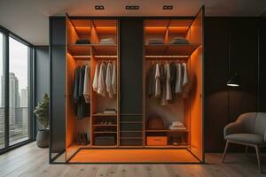 interno di moderno armadio con nero muri, di legno pavimento, Marrone e arancia armadio con Abiti sospeso su esso. generativo ai foto