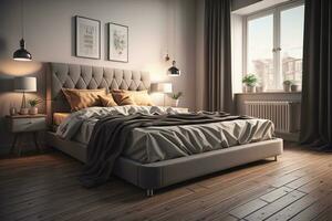 moderno Camera da letto interno design con di legno pavimento. generativo ai foto