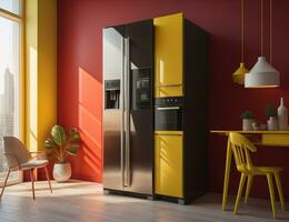 moderno cucina interno con rosso muri, di legno pavimento, giallo frigo e giallo credenza. generativo ai foto