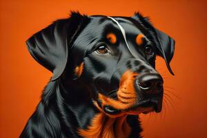 ritratto di rottweiler cane su un' arancia sfondo. generativo ai foto