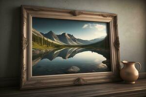 immagine telaio su un' di legno tavolo con lago e montagne nel il sfondo. generativo ai foto