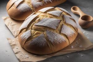 dolce intrecciato pane con zucchero polvere e di legno cucchiaio su grigio sfondo. generativo ai foto