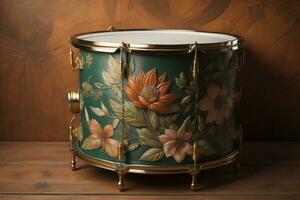Vintage ▾ tamburo con floreale ornamento su di legno tavolo. vicino su. generativo ai foto