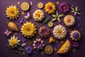 bellissimo fiori e biscotti su un' viola sfondo. piatto posizione. generativo ai foto