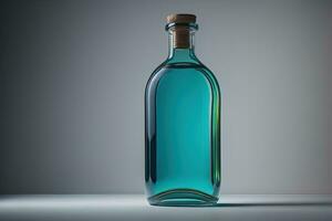 bottiglia con un' blu liquido su un' grigio sfondo. generativo ai foto
