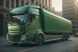 verde commerciale consegna camion su il strada. generativo ai foto