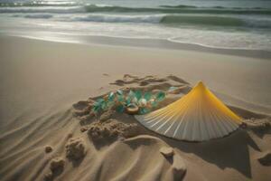 conchiglie su il spiaggia. mare e sabbia sfondo. Vintage ▾ tono. generativo ai foto