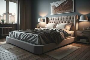 interno di un' Camera da letto con grigio muri e di legno pavimento. generativo ai foto