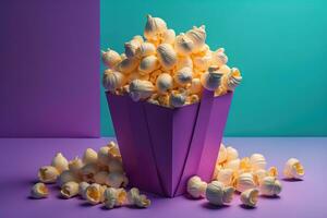 Popcorn nel un' carta scatola su un' solido colore sfondo. ai generativo foto