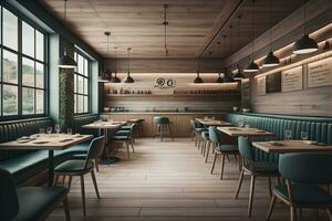 interno di un' moderno bar con blu muri e di legno pavimento. ai generativo foto
